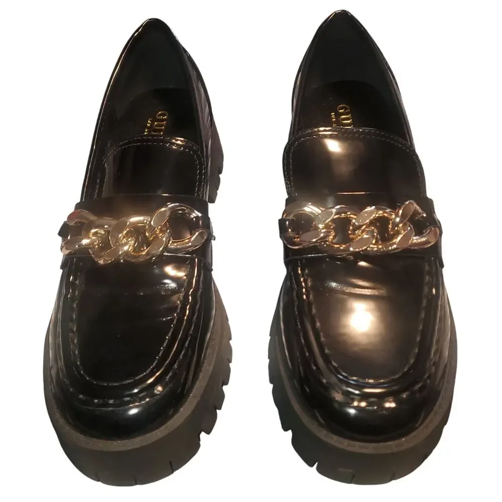 GUESS Hillford Chunky Chain Loafers Black Patent Y2K Inspired Lug Sole Size 8